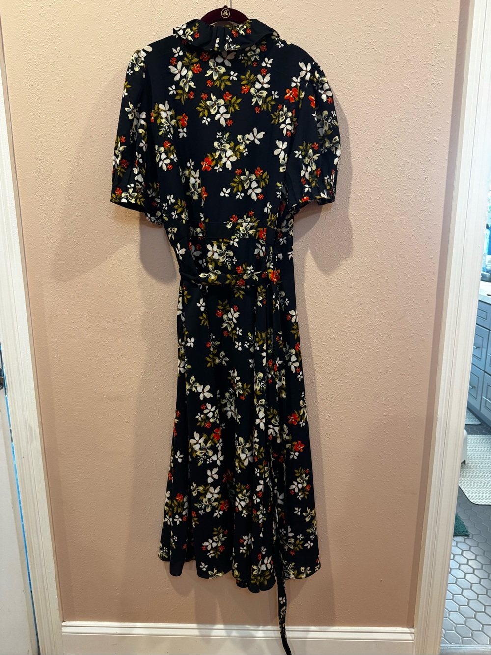 Jill Stuart Navy Floral Wrap Maxi Dress with Ruffle Collar - Picture 3 of 6